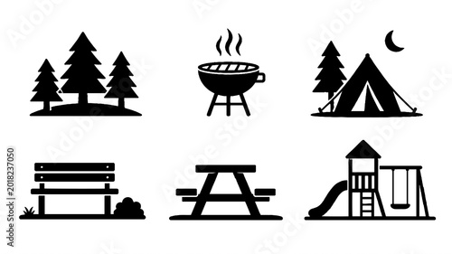Camping and Park Recreation Black Silhouette Icon Set. Vector illustration featuring forest, barbecue grill, camping tent, bench, picnic table, playground, and outdoor leisure symbols isolated on whit