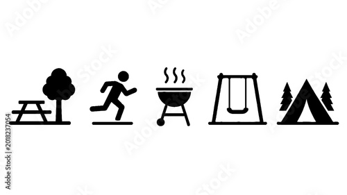 Camping and Outdoor Adventure Black Silhouette Icon Set. Vector symbols featuring picnic table, running trail, barbecue grill, swing, forest camping, and nature recreation icons isolated on white back