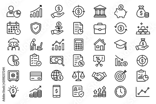Finance and Business Line Icons Set with Banking Investment Analytics and Corporate Symbols