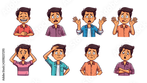 Foto Facial Expressions of Emotion: A collection of cartoon illustrations showcasing a man's diverse facial expressions, conveying a range of emotions from joy and surprise to confusion and fear