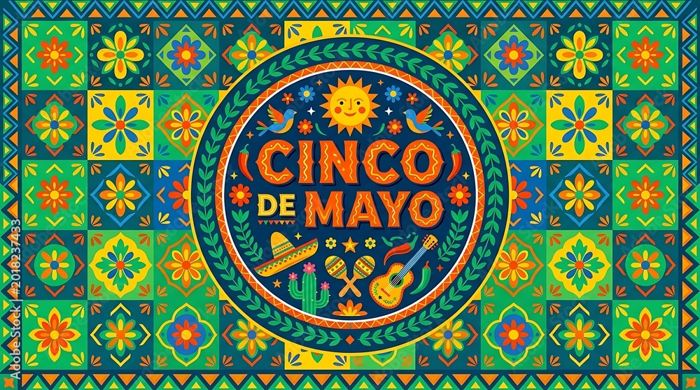 Fototapeta premium Cinco de Mayo celebration banner with traditional Mexican folk art patterns and symbols