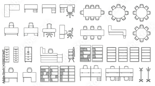Foto Office furniture set elevation and top view