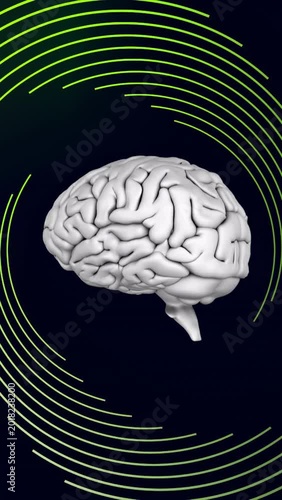 Vertical video: On start 3D brain model rotating clockwise, neon arcs pulsing to highlight cortex