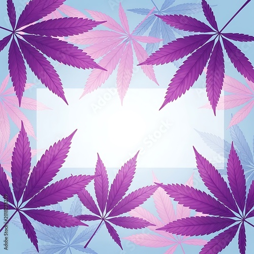 Stylized botanical pattern features prominently colored palmate leaves framing a central copy space