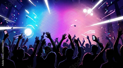 Vibrant concert nightlife party in urban venue celebratory silhouette scene