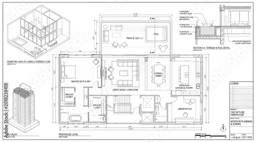 Foto Architectural floor plan of a luxury penthouse apartment with private terrace an