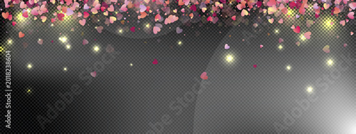 Heart love vector background. Valentine frame. Pink heart confetti. Scattered love symbols. Random falling heart shape on transparent black background. Beautiful Invitation Greeting Card Illustration.