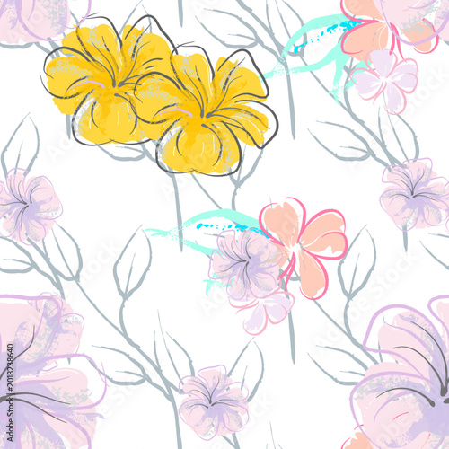 Pink Flowers Blooming Pattern. Pastel Watercolor Floral Print. Little Pink, Yellow, Lilac flower on grey leaf. Elegant brush Background. Seamless Botanical Vector Surface. Texture For Fashion Prints.