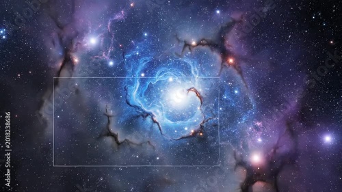 Vibrant cosmic nebula with bright core, swirls of blue and purple gas, and scattered stars