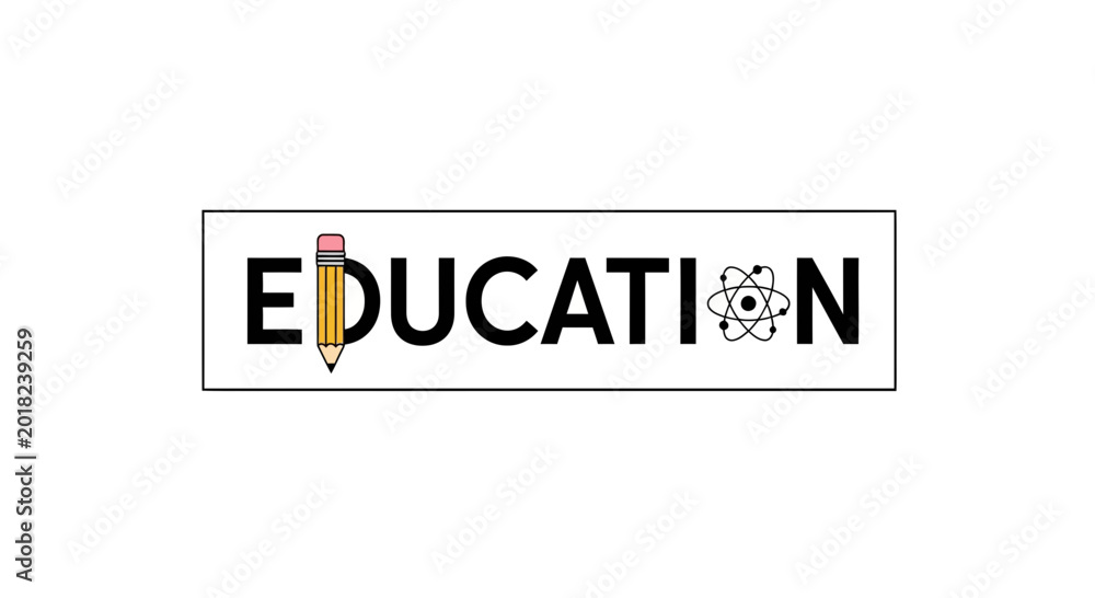 Fototapeta premium Education word with pencil and atom symbol, representing learning and science