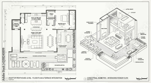 Photos Rooftop penthouse floor plan and conceptual isometric view with terrace integrat