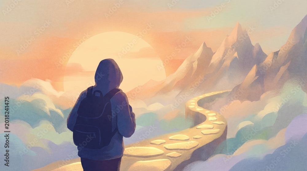 Obraz premium A hiker with a backpack walking along a stone path towards tall snowy mountains under a bright sunset sky in a soft painterly style