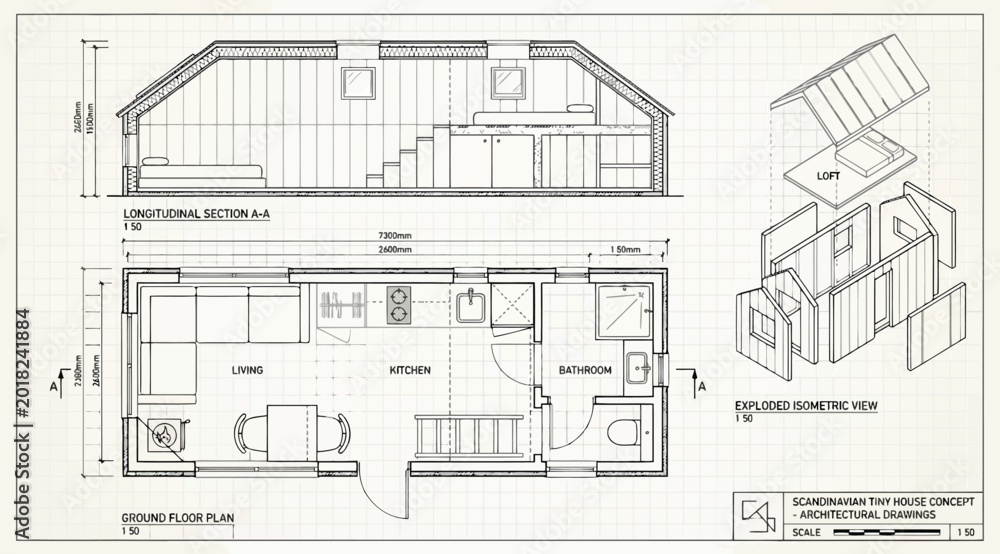 Foto Scandinavian tiny house architectural floor plan and section with exploded isome