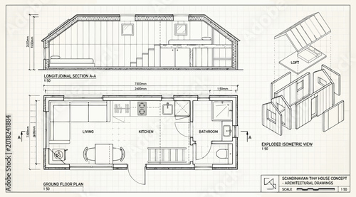 Foto Scandinavian tiny house architectural floor plan and section with exploded isome