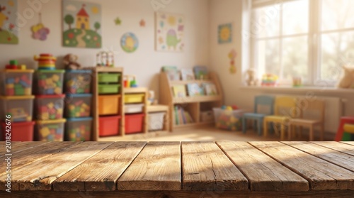 Preschool playroom wooden educational space for learning activities