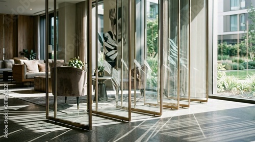Elegant Thin Glass Panels with Light Reflections & Soft Shadows