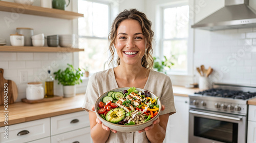 Happy woman holding fresh salad bowl in modern kitchen at home