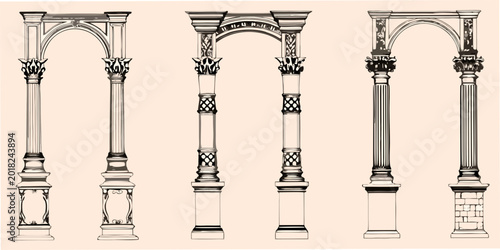 Foto Ornate archway illustrations with decorative columns vintage style
