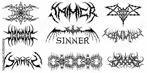 Konstfotografi black metal band logo designs dark fantasy style on white background