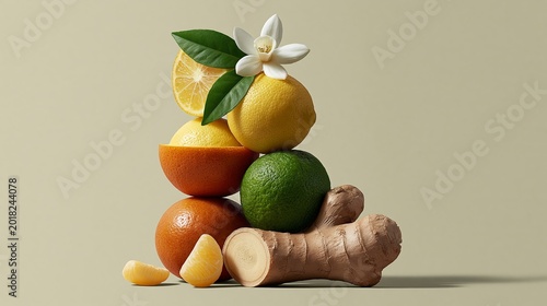 Fresh citrus fruits, ginger, and a white flower stack together. Leaves and a blossom add natural elegance. Bright colors contrast with soft, neutral backdrop. Ideal for health, wellness