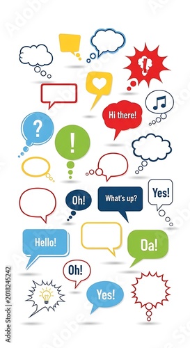 Collection of colorful speech and thought bubbles with various communication symbols and text elements