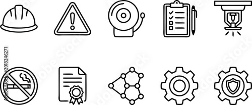 Bild auf Leinwand Workplace safety and industrial compliance line icons set featuring protection e