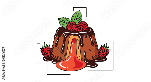 Delicious Chocolate Lava Cake with Raspberry and Mint Topping, Molten Center