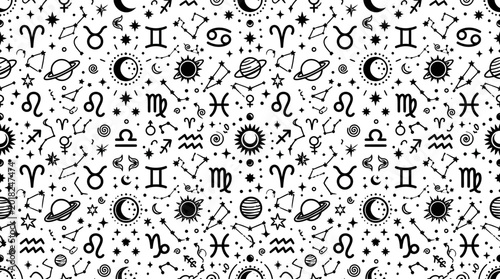 Monochrome seamless pattern featuring astrology symbols and celestial icons for design projects.