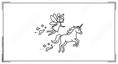 Cute fairy flying with a unicorn, magical fantasy illustration, black and white line art