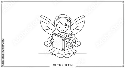 Cute fairy reading a book about unicorns, vector illustration for kids