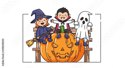 Cute Halloween Kids Costumes: Witch, Vampire, Ghost Sitting on Pumpkin Bench