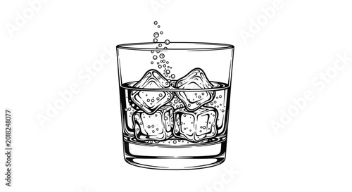 Glass of refreshing soda or alcoholic drink with sparkling bubbles and ice cubes, hand drawn black and white vintage sketch isolated on white.