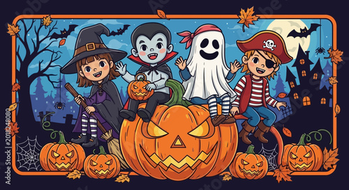 Cute Halloween Kids Costumes: Witch, Vampire, Ghost, Pirate on Giant Pumpkin