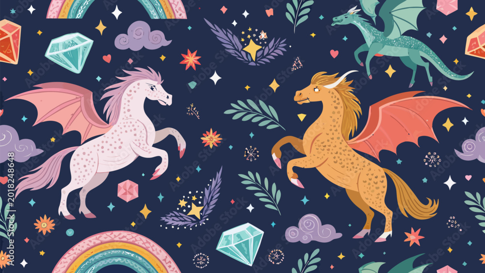 Obraz premium Seamless pattern with magical creatures, dragons, unicorns, rainbows, crystals and stars on a dark blue background fantasy fairytale wallpaper