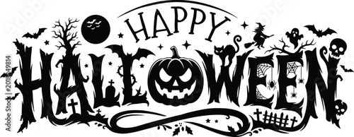 Slika na platnu Black happy halloween typography with spooky decorations isolated on white backg