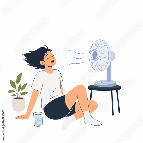 Photos Minimal flat vector illustration of woman relaxing near electric fan during hot summer weather at home