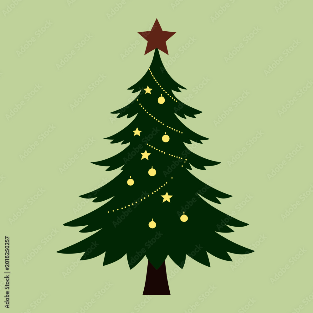 Fototapeta premium Green christmas tree with star and lights on green background Vector