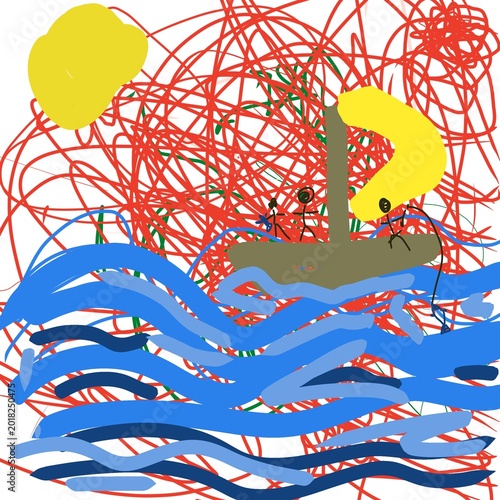 Obraz na plátně Colorful childlike drawing of a sailboat on blue waves beneath a bright sun, featuring playful abstract scribbles and imaginative ocean scenery