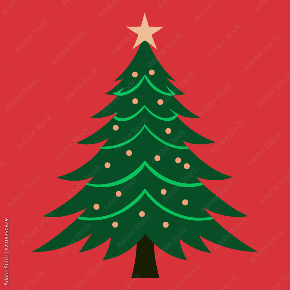 Fototapeta premium Bright green christmas tree with star top on red background Vector