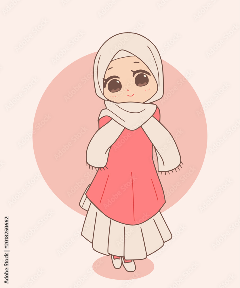 Fototapeta premium Cute Muslim girl, hijab cartoon character, peach background, colorful illustration, vector graphic