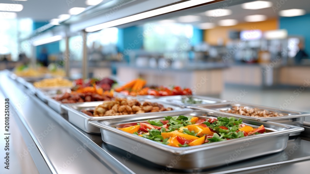 Obraz premium A buffet-style food counter with trays of fresh vegetables and cooked dishes in a well-lit, modern cafeteria setting.