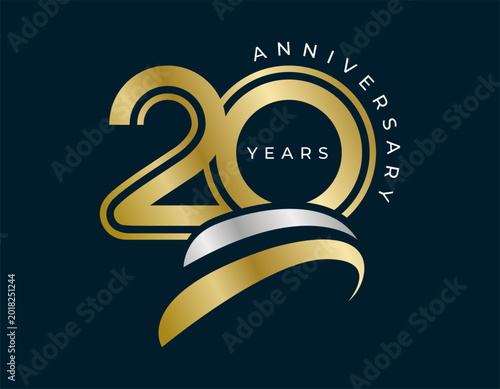 20 Years Anniversary with swoosh design vector illustration. Unique 20 years logo design template. In gold color