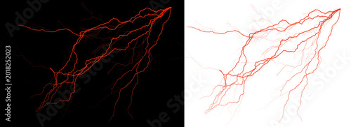 Photos Red lightning bolt with multiple branches on black and white backgrounds  electr