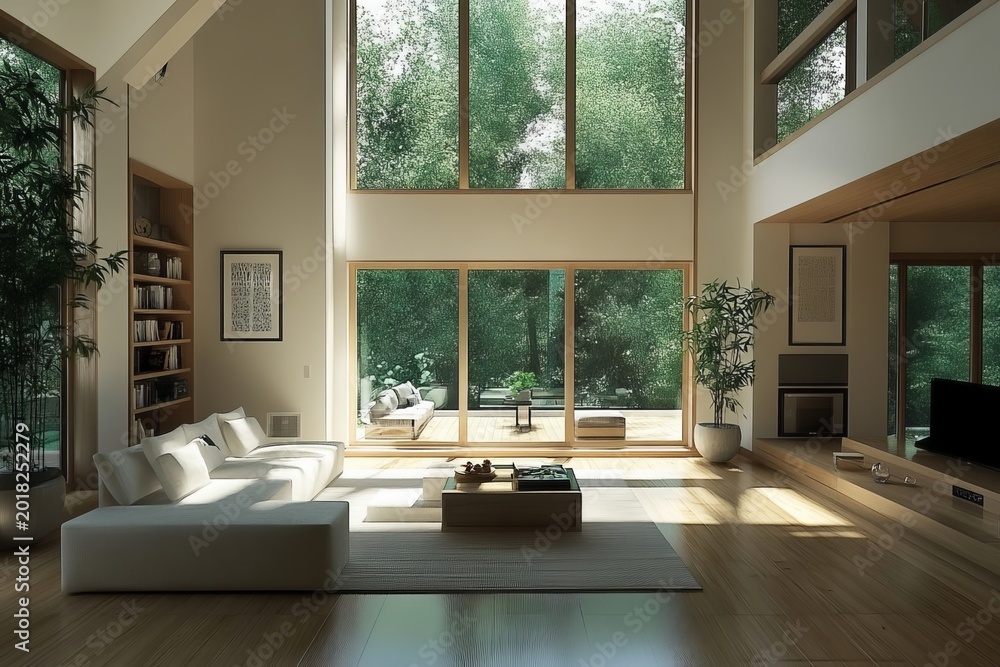 Fototapeta premium Bright and Airy Minimalist Living Room with Large Windows Overlooking Lush Green Nature Outside