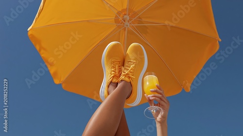 Bright yellow umbrella shades sunlit skin. Feet in matching sneakers rest under cover. Hand holds glass of orange juice, smiling. Summer vacation vibe, relaxed and joyful. Ideal for lifestyle, travel
