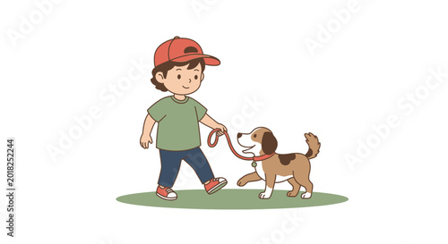 Young boy walking small dog on leash vector illustration simple outdoor scene