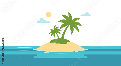 Tropical island scene with palm trees and ocean waters illustration