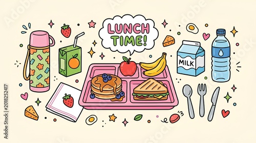 hand-drawn lunch and school meal themed vector illustration on a soft cream background