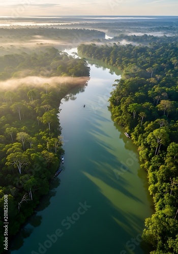 Aerial view captures winding jungle river cutting through dense rainforest canopy at sunrise