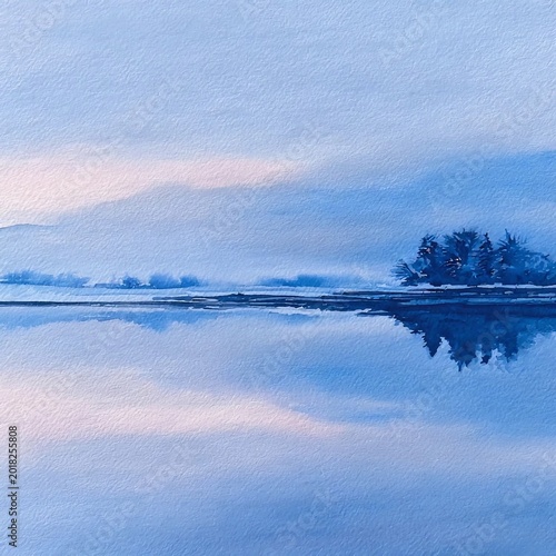 Blue Watercolor Landscape With Calm Lake Reflection